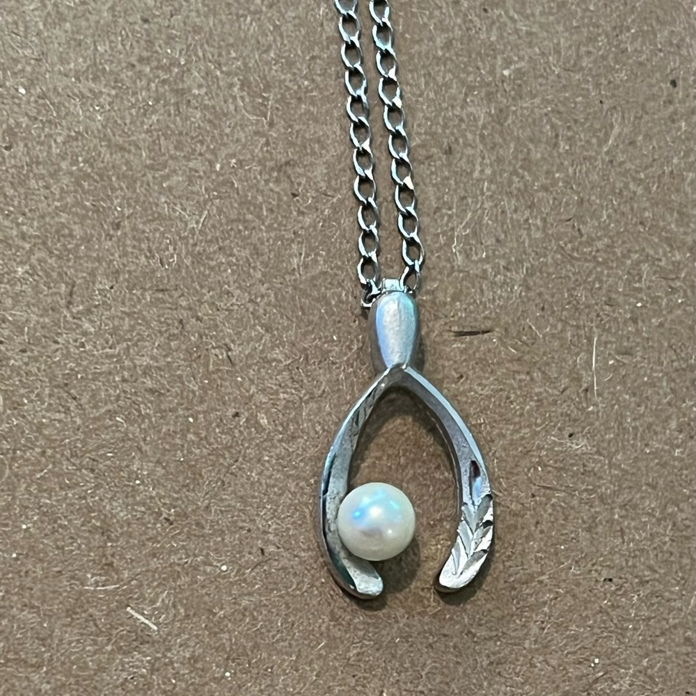 Sterling Silver Etched Wishbone / Pearl Ball Necklace